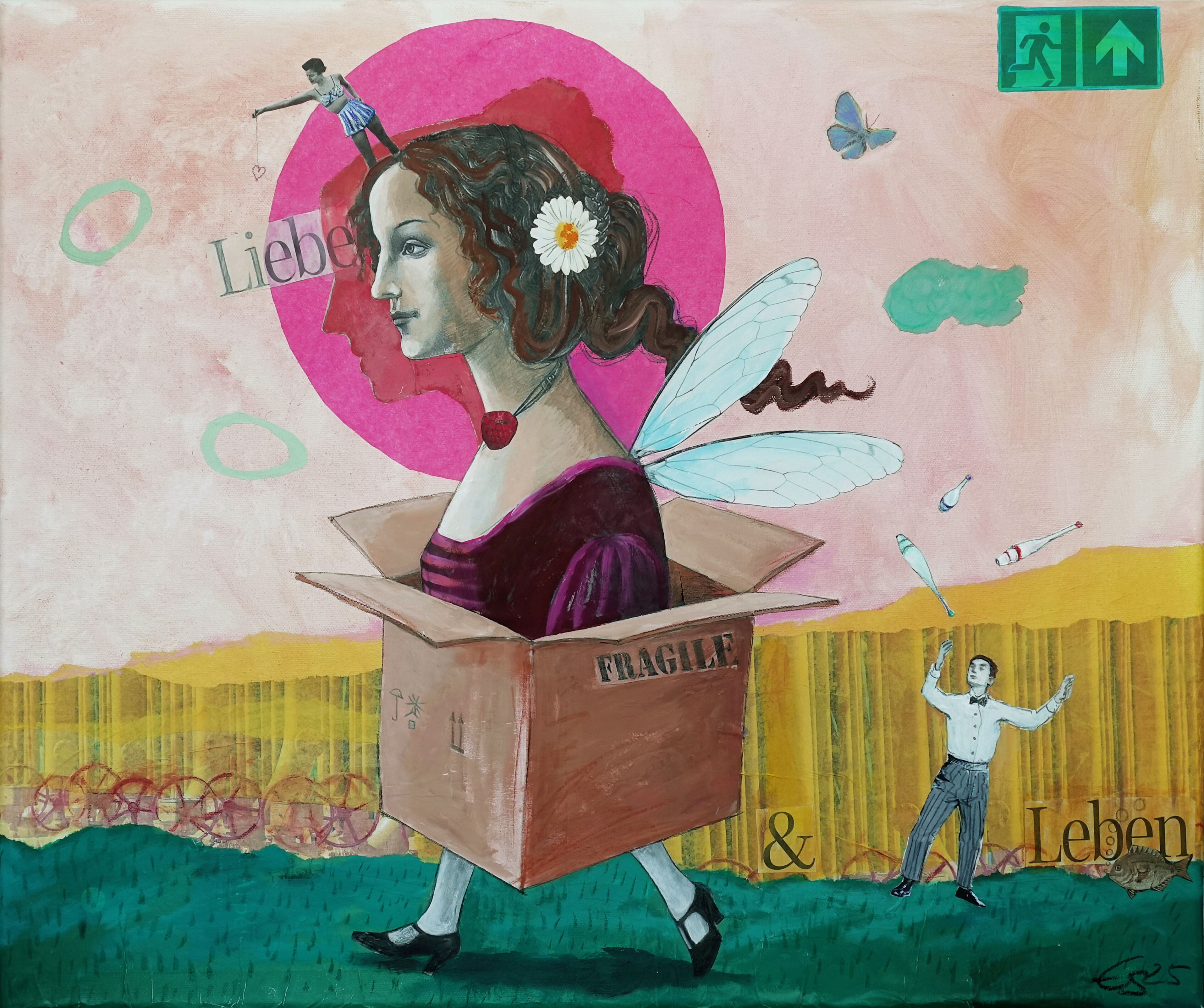 Eine Frau mit Flügeln tritt aus einem Karton, während ein Jongleur daneben für Lebendigkeit sorgt, gemalt von Edda Skibbe.