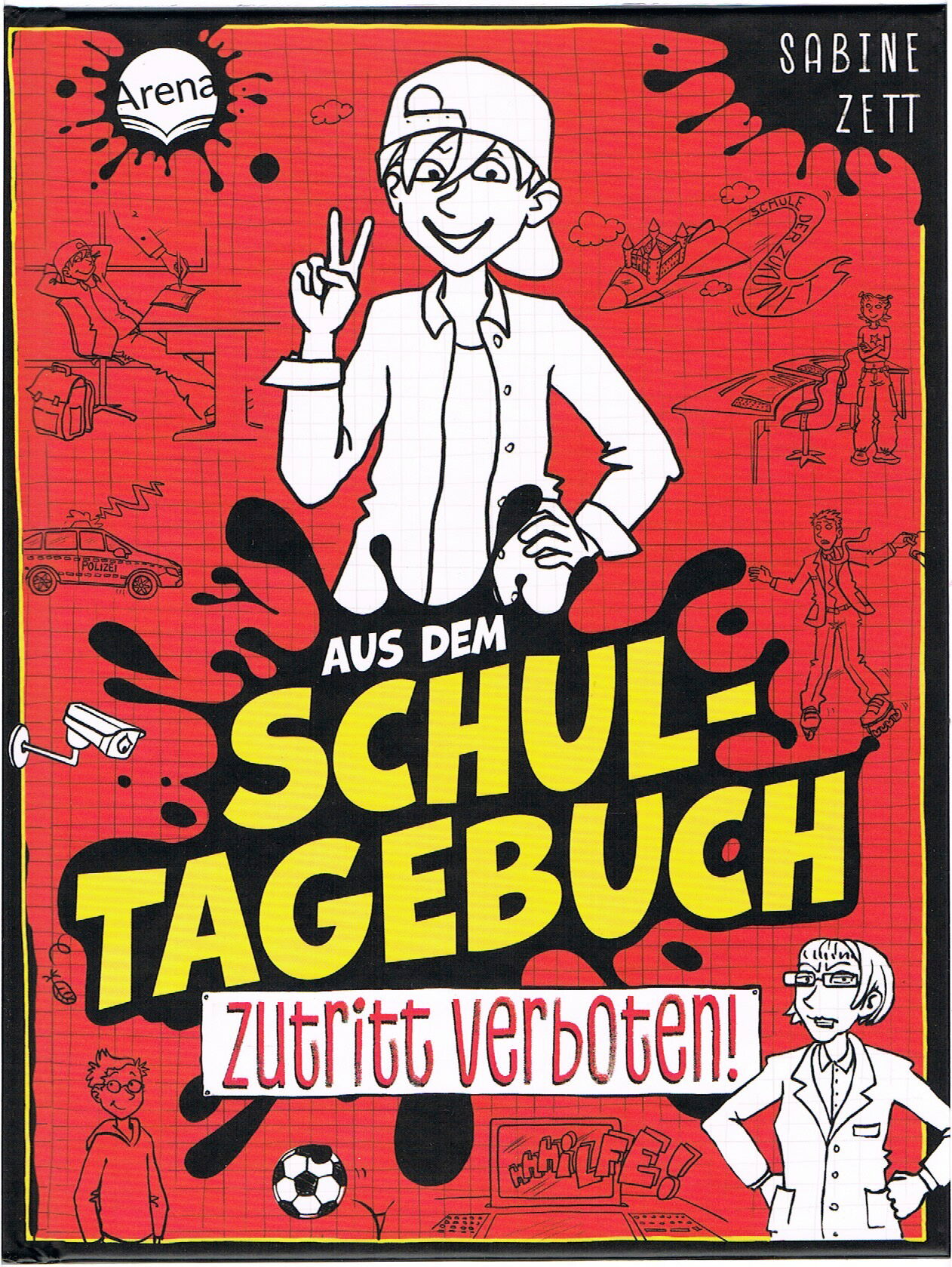 Eine rotes Buch mit einem Jungen im Vordergrund.